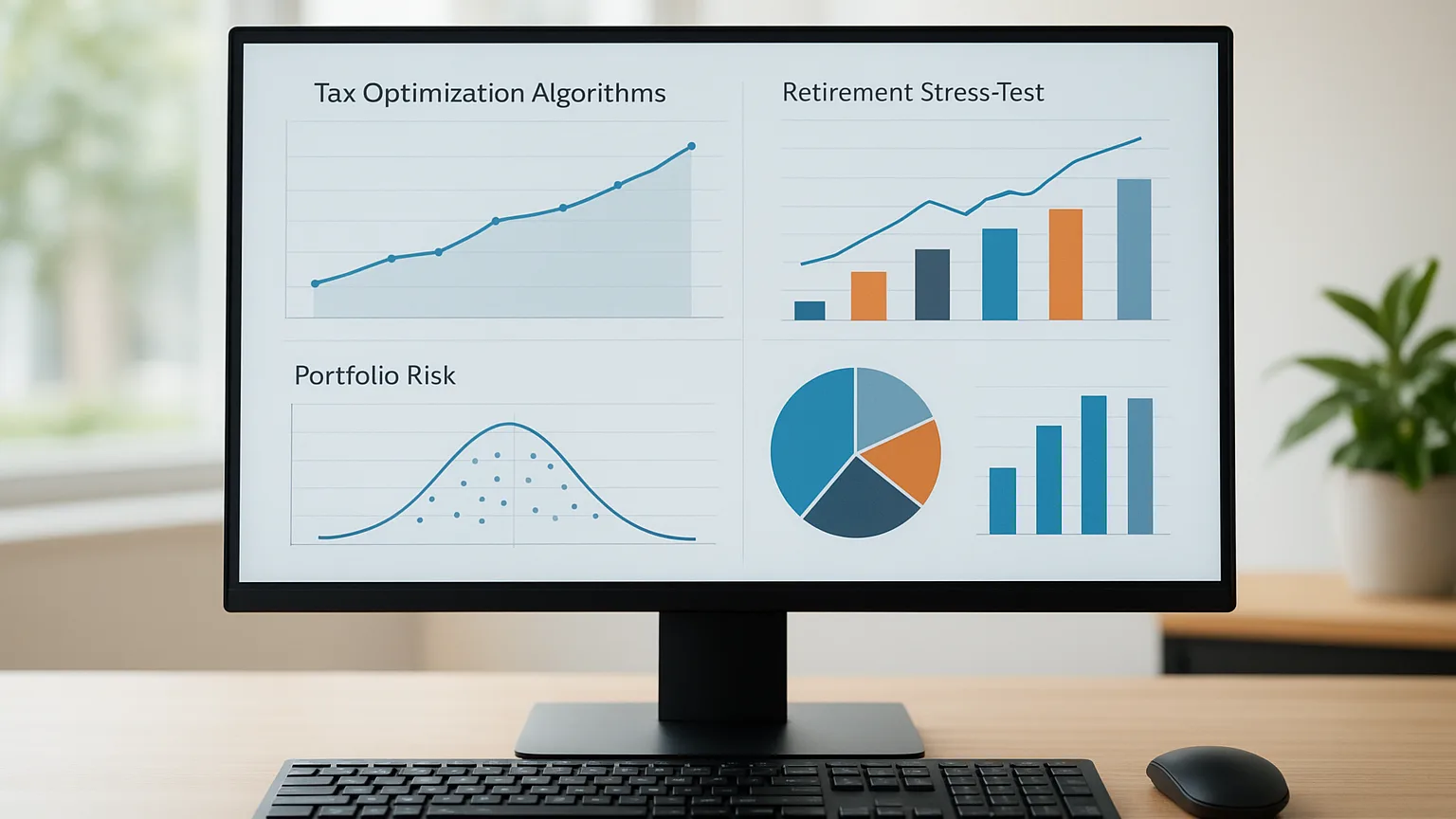 Desktop monitor displaying financial planning software with tax optimization algorithms, retirement stress-test charts, and portfolio risk dashboards visible on screen.