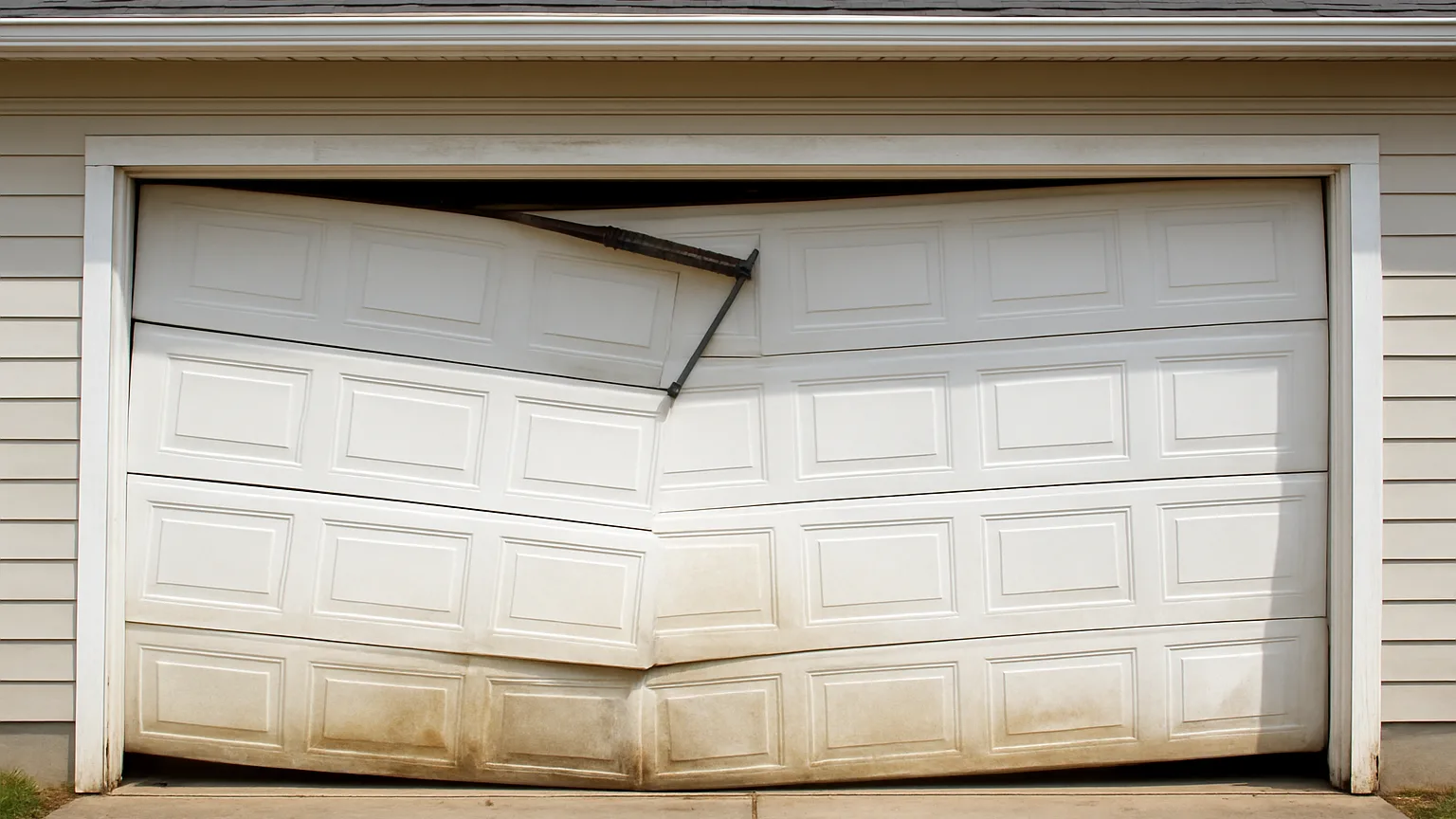 A garage door with a visibly broken spring, sagging panels, and water stains, photographed during daylight on a residential driveway.