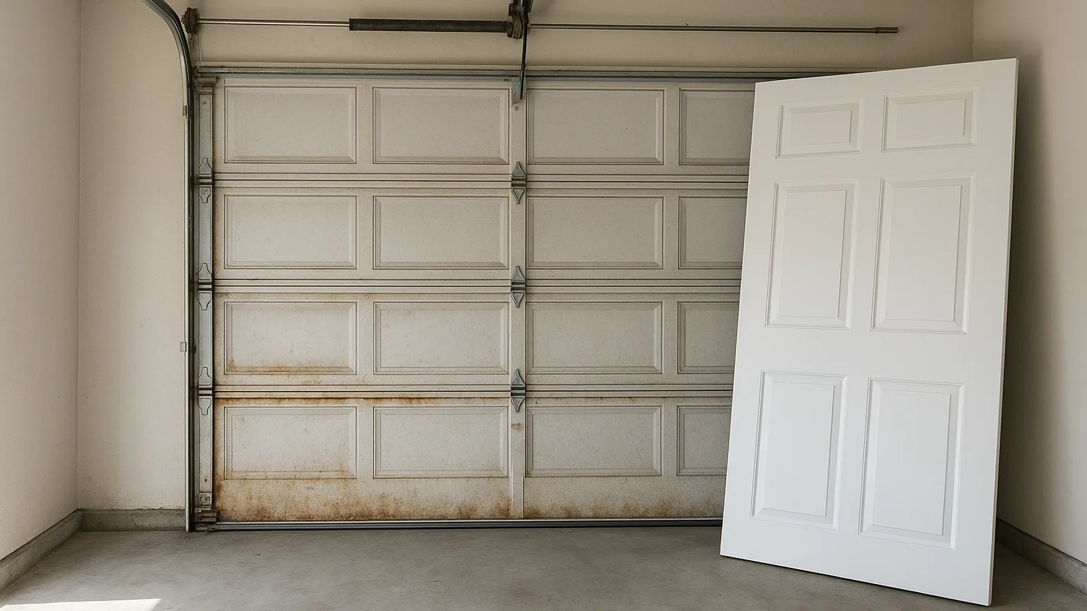 A garage interior showing an older garage door with visible rust stains, warped panels, and dust accumulation alongside a new door leaning against the wall.